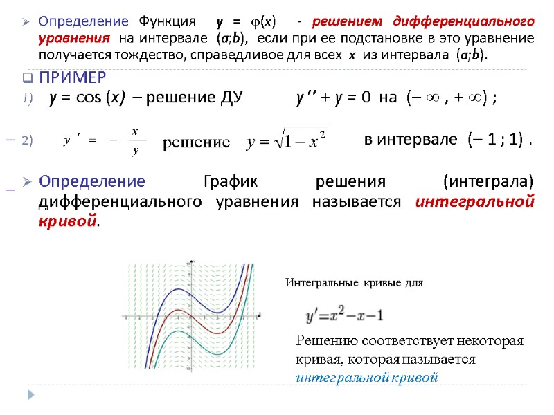 Определение Функция  y = (x)  - решением дифференциального уравнения  на интервале